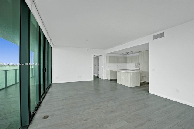 unfurnished living room with hardwood / wood-style flooring, floor to ceiling windows, and rail lighting