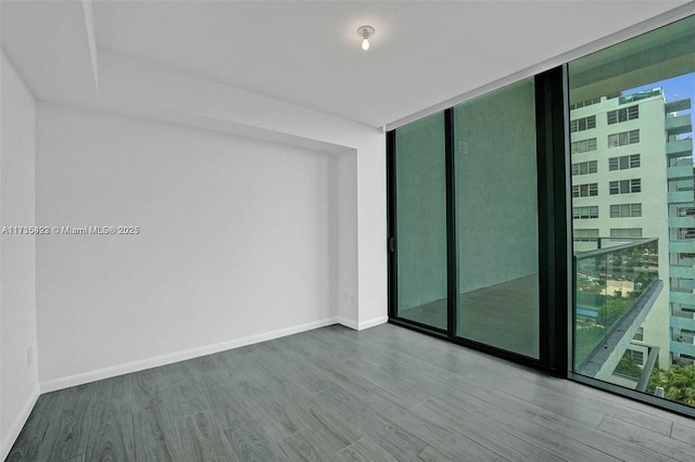 unfurnished room with wood-type flooring and floor to ceiling windows