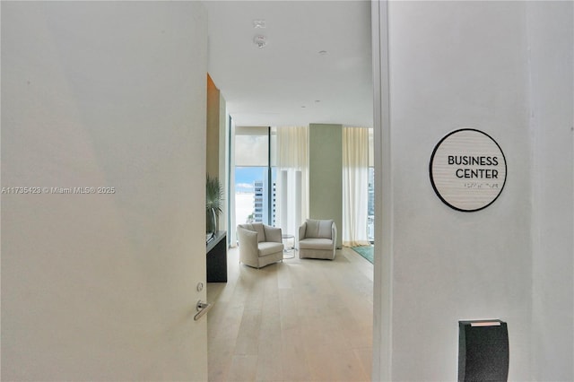 hallway featuring light hardwood / wood-style floors and expansive windows