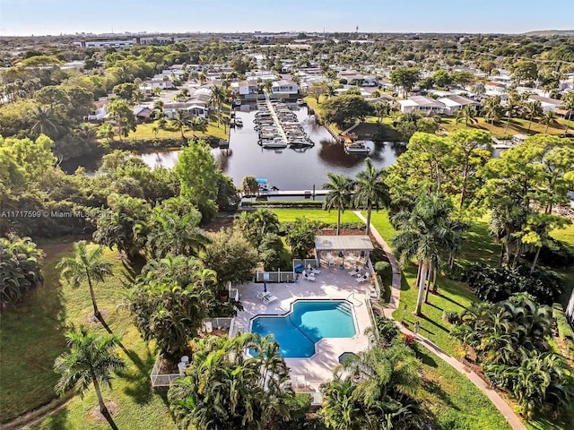 bird's eye view with a water view