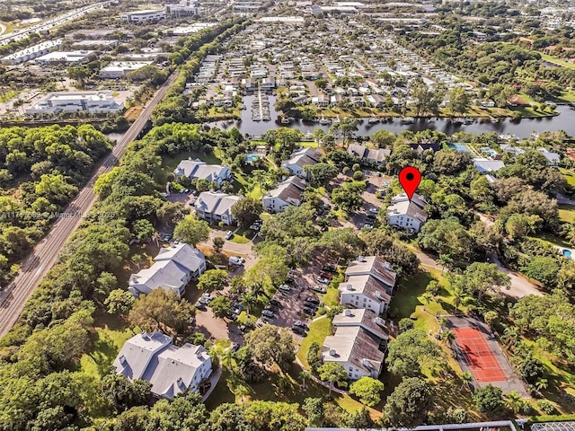 drone / aerial view featuring a water view