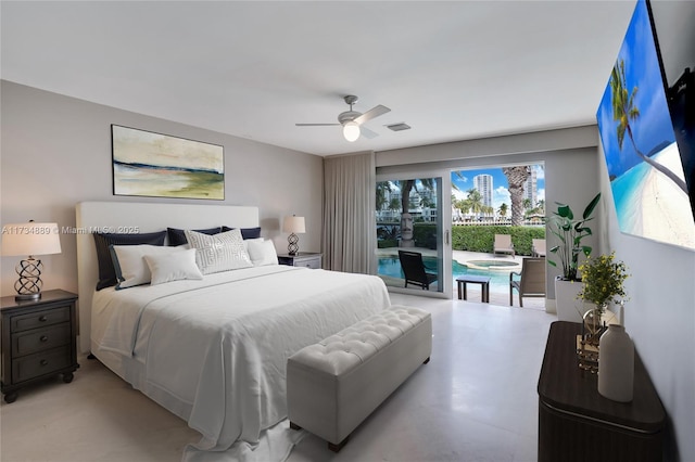 bedroom featuring access to exterior, concrete floors, visible vents, and a ceiling fan