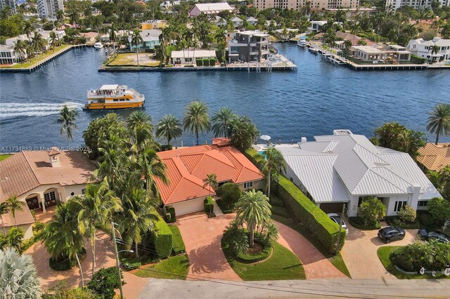 drone / aerial view with a water view