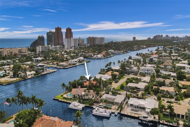 aerial view featuring a water view