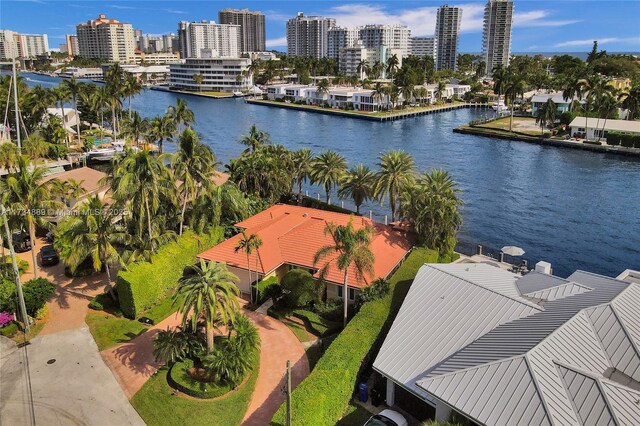 aerial view featuring a water view