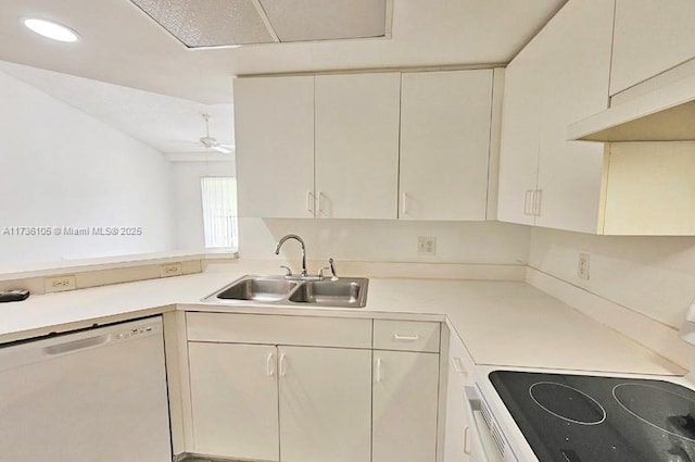 kitchen with ceiling fan, white appliances, sink, and white cabinets