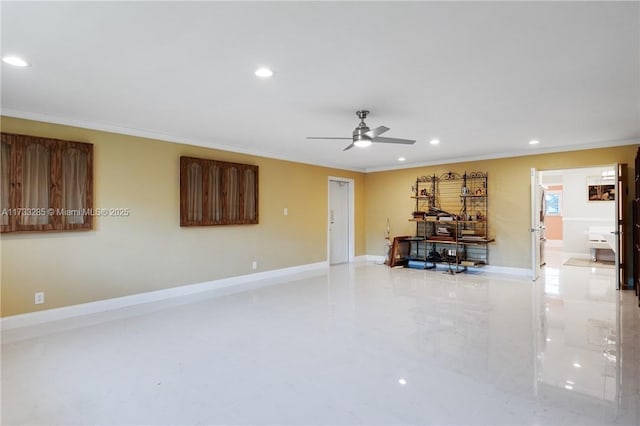 living room with crown molding and ceiling fan