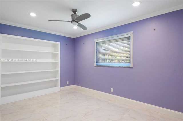 spare room featuring crown molding, built in features, and ceiling fan