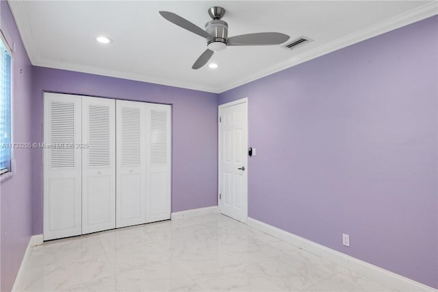 unfurnished bedroom with crown molding, ceiling fan, and a closet