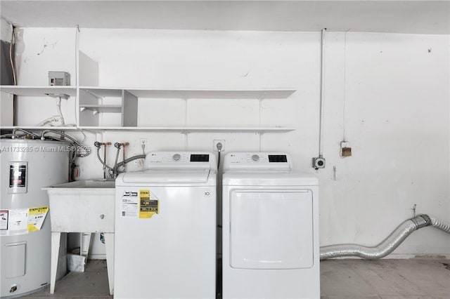 washroom with electric water heater and washer and clothes dryer