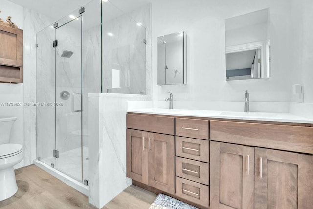 bathroom featuring vanity, wood-type flooring, toilet, and walk in shower