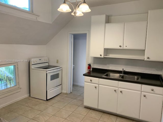 kitchen with pendant lighting, white cabinetry, sink, a chandelier, and white electric range oven