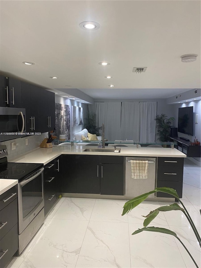 kitchen featuring tasteful backsplash, stainless steel appliances, and sink