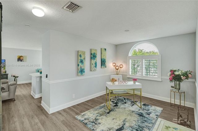 office space featuring light hardwood / wood-style floors and a textured ceiling