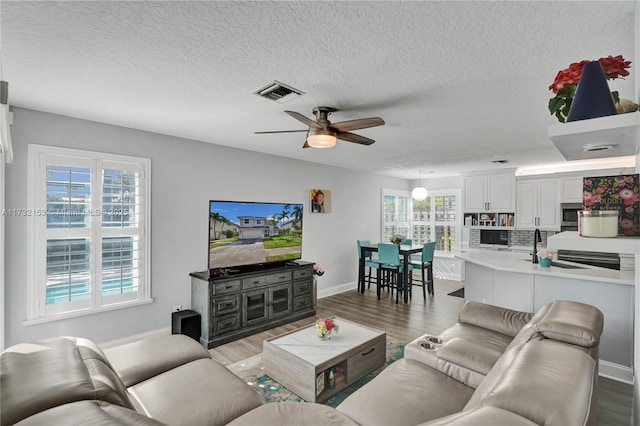 living room with hardwood / wood-style flooring, sink, a textured ceiling, and ceiling fan