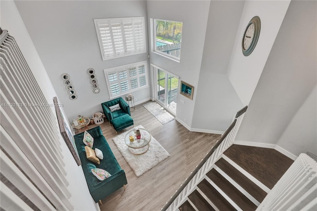 living room featuring a towering ceiling and light hardwood / wood-style floors