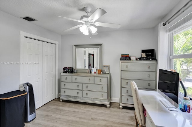 home office with ceiling fan, a textured ceiling, and light hardwood / wood-style flooring