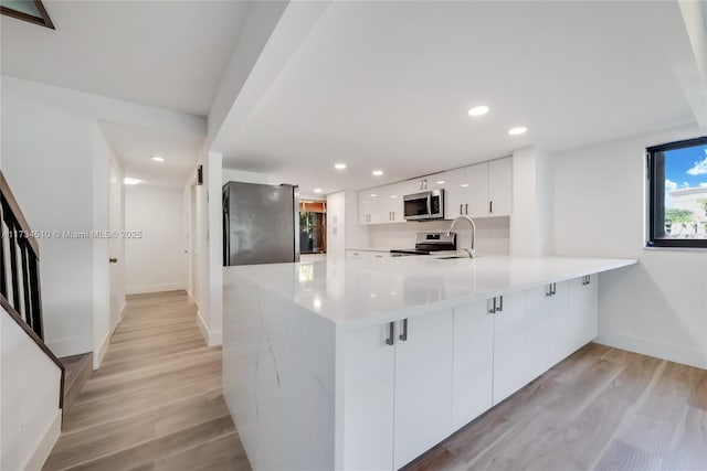 kitchen featuring stainless steel appliances, white cabinetry, light wood-type flooring, and kitchen peninsula