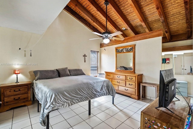 tiled bedroom with ceiling fan, wood ceiling, high vaulted ceiling, and beamed ceiling