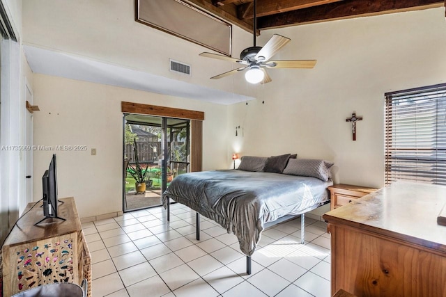 tiled bedroom featuring access to exterior, a towering ceiling, beamed ceiling, and ceiling fan