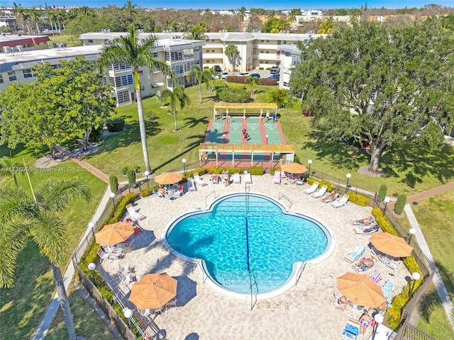 view of swimming pool featuring a patio area