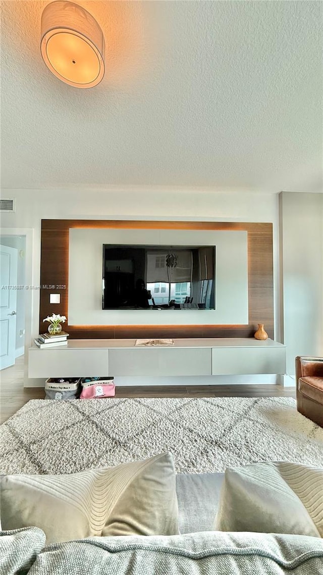 living room with hardwood / wood-style floors and a textured ceiling