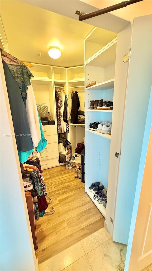 walk in closet with hardwood / wood-style flooring