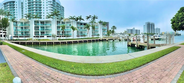 exterior space with a water view and a boat dock