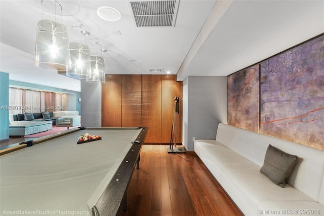 playroom with billiards and dark hardwood / wood-style floors