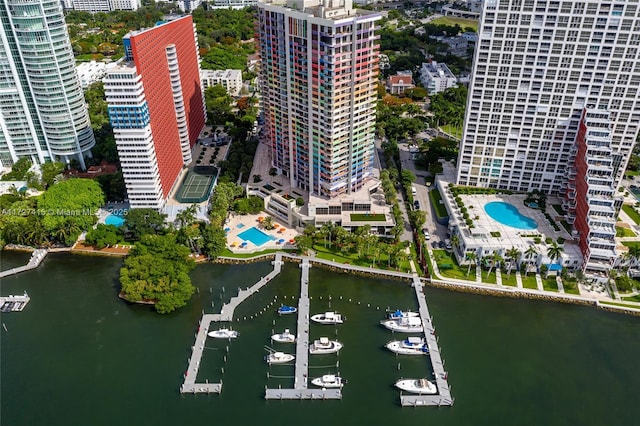 drone / aerial view featuring a water view