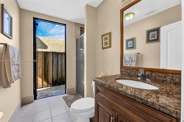 bathroom with toilet, a stall shower, tile patterned flooring, and vanity