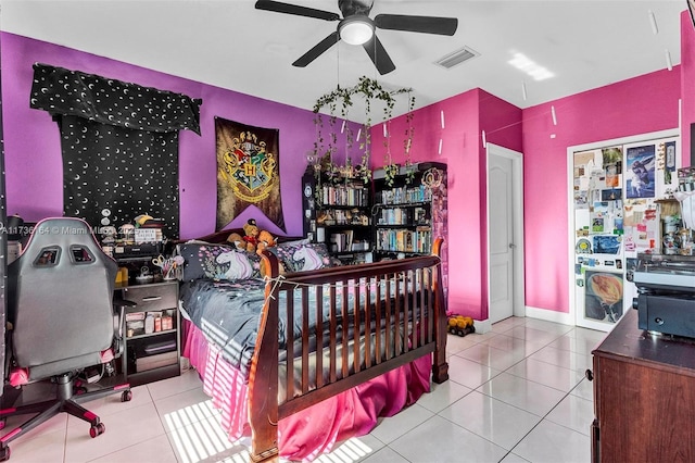 bedroom featuring ceiling fan, tile patterned flooring, and visible vents