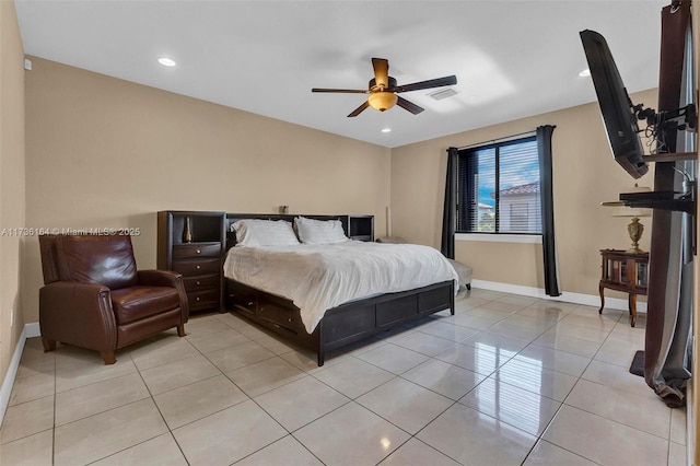 bedroom with light tile patterned floors, recessed lighting, visible vents, and baseboards