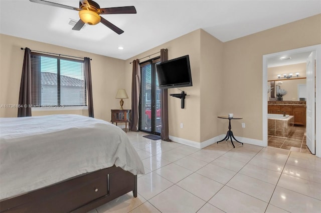 bedroom with light tile patterned floors, a ceiling fan, connected bathroom, access to outside, and baseboards