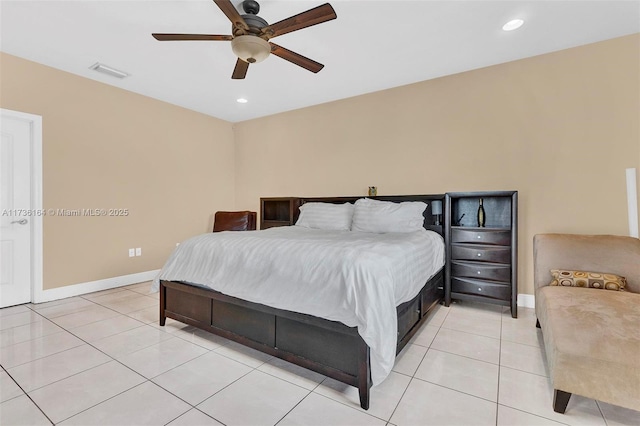 bedroom with light tile patterned floors and ceiling fan