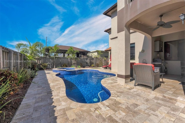 view of pool with a fenced backyard, a patio, grilling area, and ceiling fan