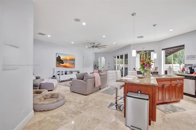 living room featuring ceiling fan