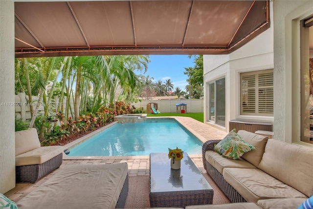 view of pool with an outdoor living space, a patio, and an in ground hot tub