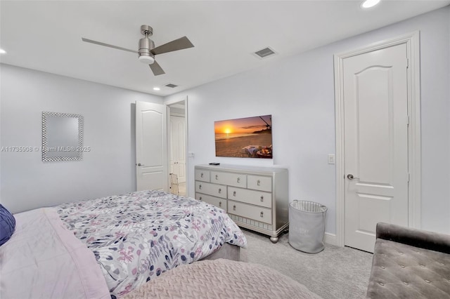 carpeted bedroom featuring ceiling fan