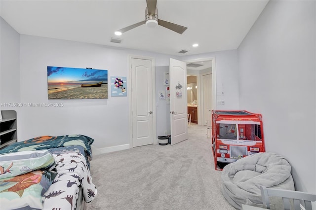 carpeted bedroom with ceiling fan