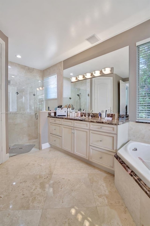 bathroom with vanity and separate shower and tub