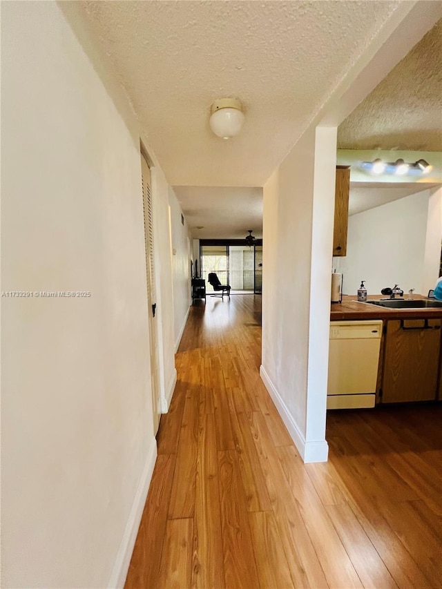 hall with sink, a textured ceiling, and light wood-type flooring