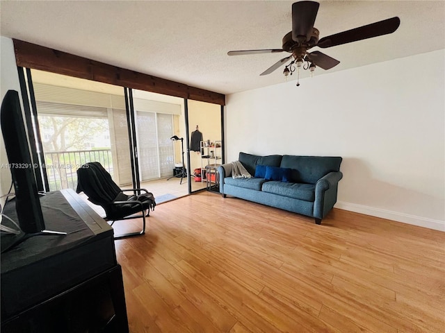 living room with light hardwood / wood-style floors and a textured ceiling