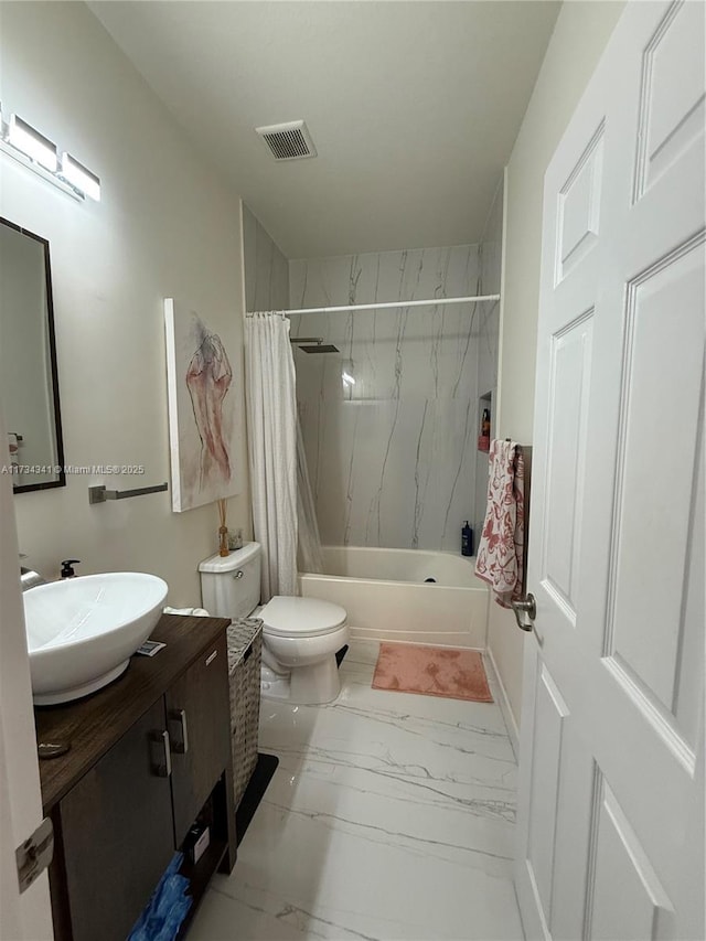 full bathroom with vanity, toilet, and shower / bath combo with shower curtain