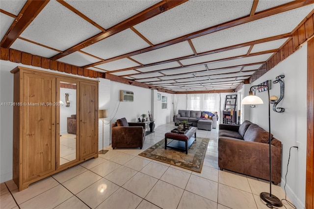 tiled living room with an AC wall unit