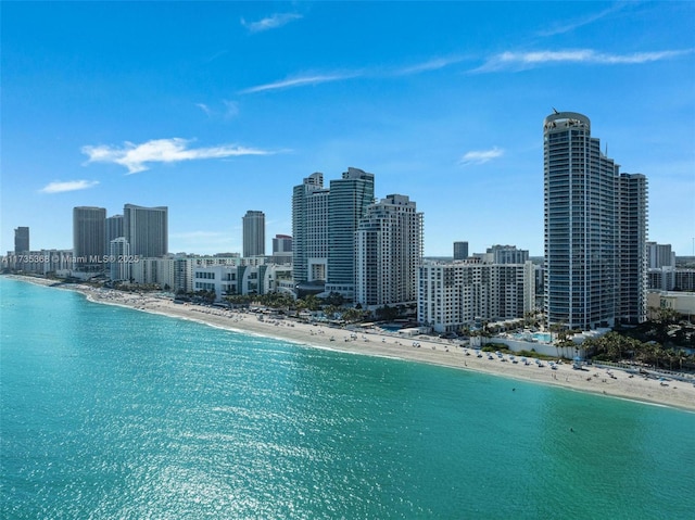 aerial view featuring a beach view and a water view