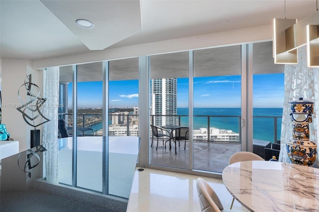 interior space with a water view and plenty of natural light