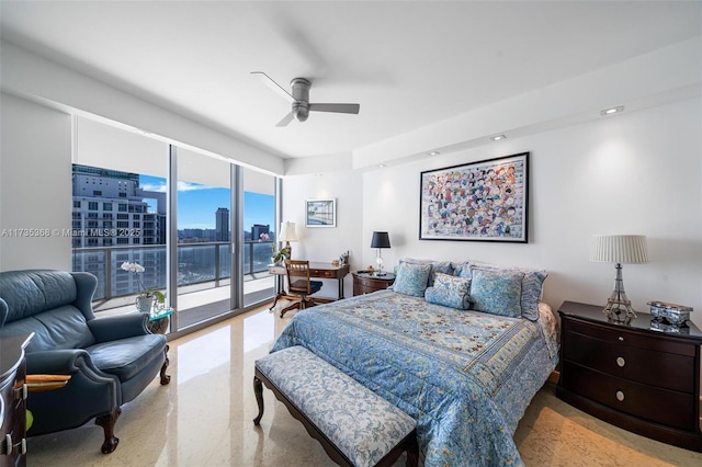 bedroom featuring ceiling fan and access to outside