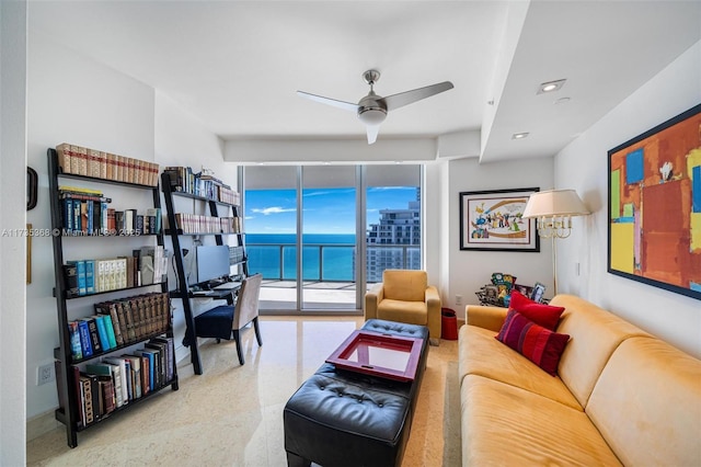 living room featuring ceiling fan