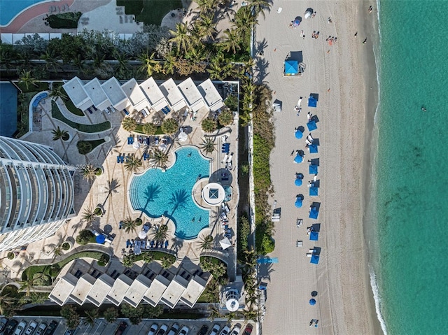 aerial view featuring a water view and a beach view